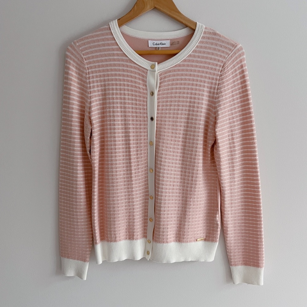 Calvin Klein｜NWOT Long Sleeve Knit Cardigan Sweater in Pink White Stripe Sz S